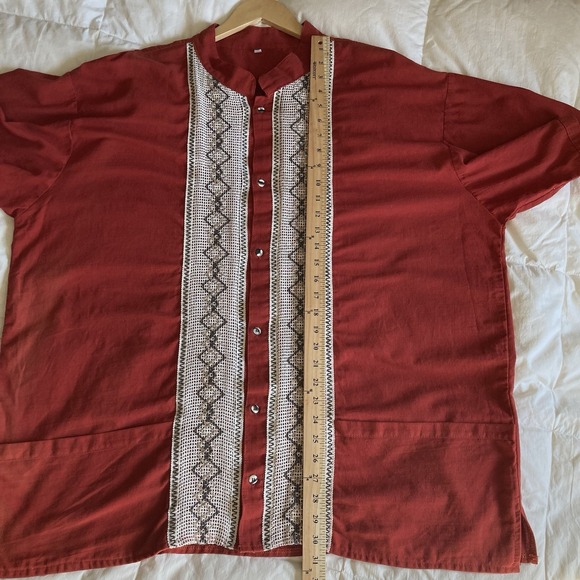 Guayabera Mexican Shirt Cotton Linen Mens 3X Brick Red Boho Embroidery Festival - Picture 10 of 13
